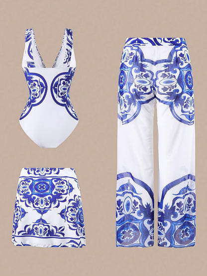 Women's Fashion Blue and White Porcelain Ethnic Style Print Mature Sexy Deep 1pc Bikini Skirt Plus Trousers Seaside Beach Colorful Summer Vacation Swimming 25SS Midsummer Trend Bikini Swimsuit 3pcs Set