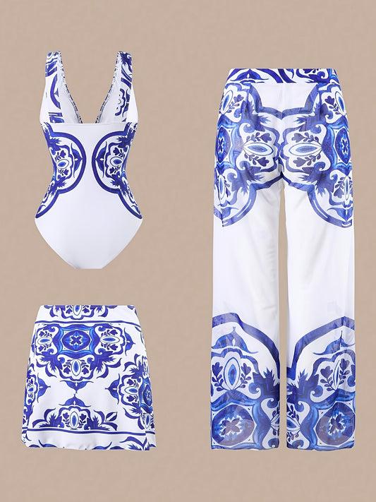 Women's Fashion Blue and White Porcelain Ethnic Style Print Mature Sexy Deep 1pc Bikini Skirt Plus Trousers Seaside Beach Colorful Summer Vacation Swimming 25SS Midsummer Trend Bikini Swimsuit 3pcs Set