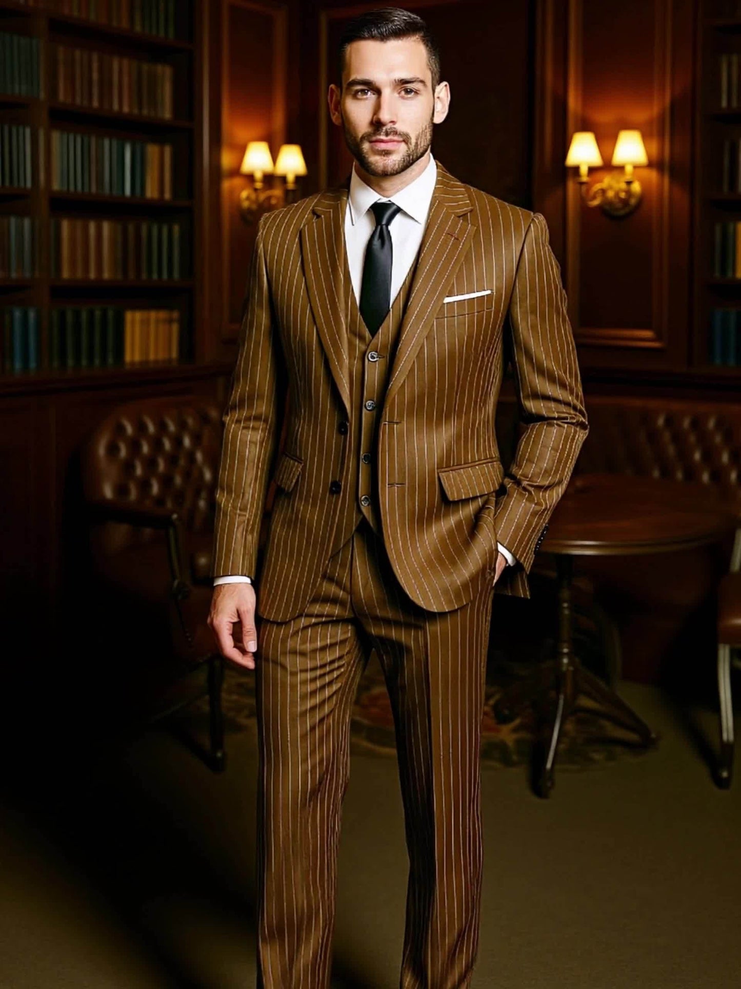[New Men's 3pcs Suits] 3pcs New Men's Suits - Vertical Striped Suit Jackets, Vests, Pants - Two-button, Suitable for Weddings, Business Banquets, Parties, Daily Wear Valentines Gifts for Men