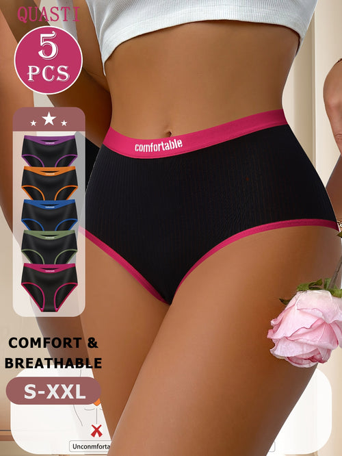 5pcs Women's Full-Coverage Mid-High Waist Underwear - High-Waisted Triangle Panties Suitable for Daily Wear, Breathable Stretch Elegant Contrast Color Underwear, Non-Sheer Full Coverage Lingerie (Hand Washable)