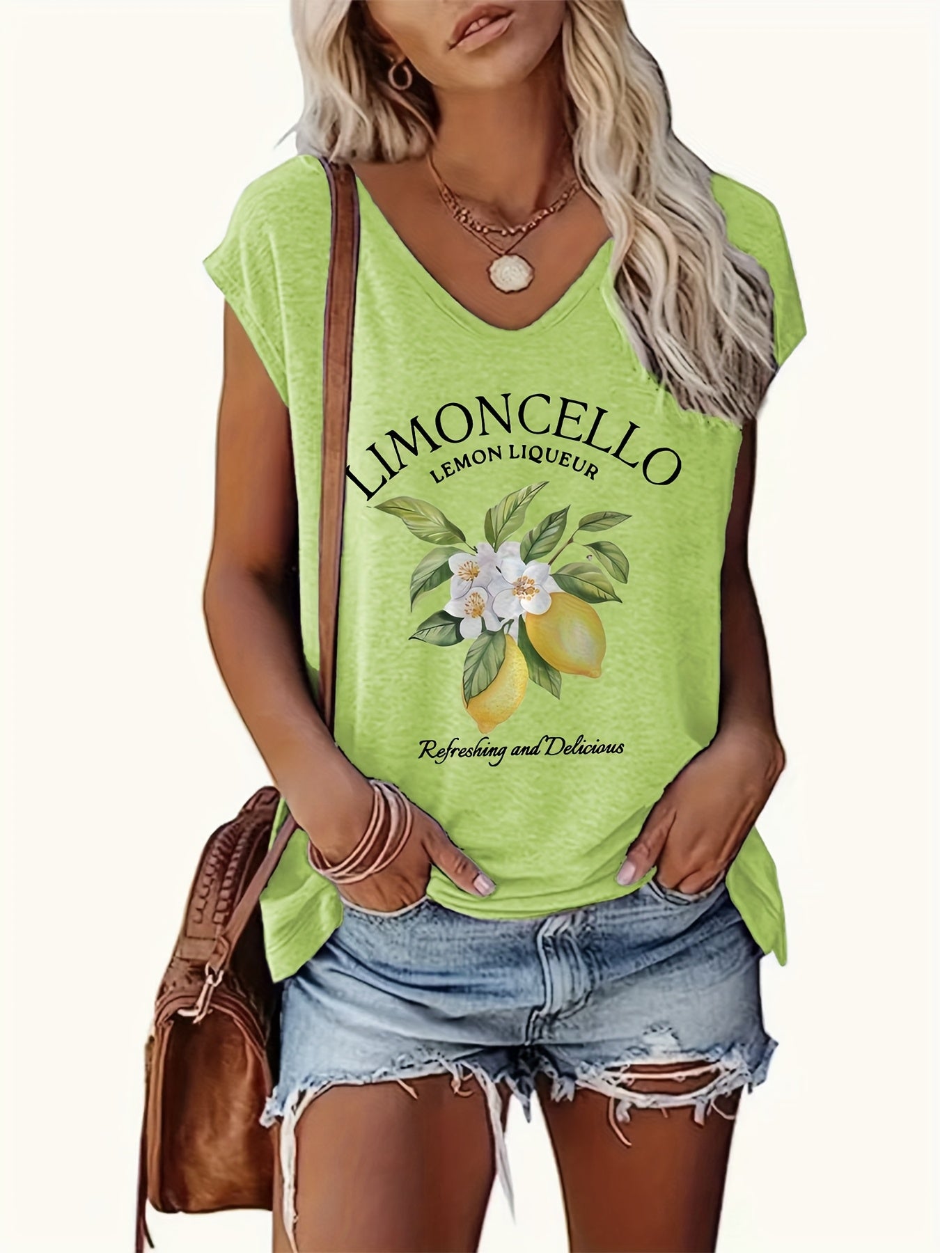 Women's Limoncello Pattern V-neck Vest Top-Sleeveless Casual Summer Spring Top with Limoncelli Bottle Design, Casual Summer Top| Sleeveless Top| Comfortable Fit