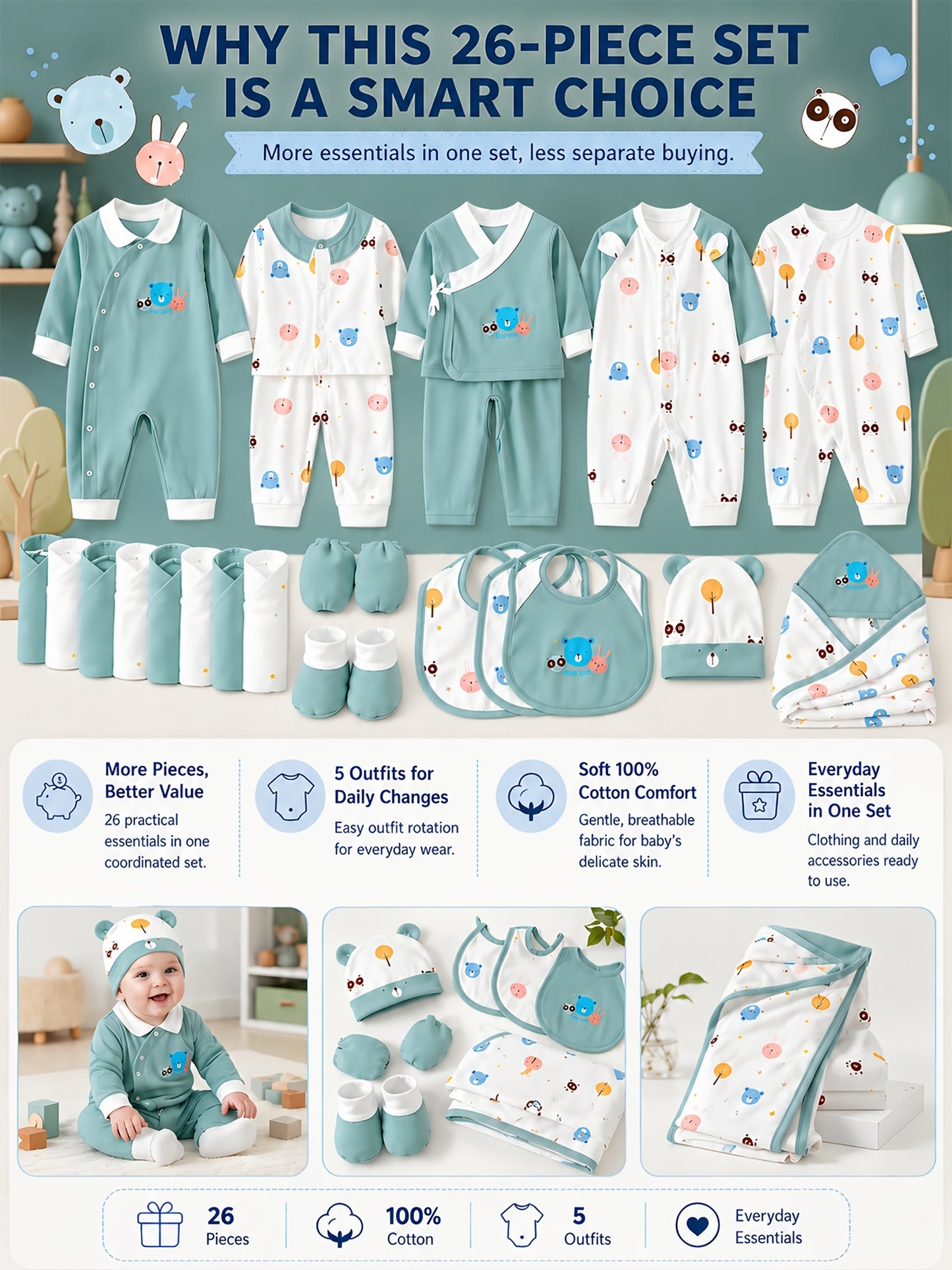 Baby Boy Clothes + Baby Items, Newborn Daily Necessities Complete Set, 0-3 Months, Total 26pcs, 5 Sets Of Clothes + Hat + Bib + Hand And Foot Covers + Bibs, Baby Full Moon Spring Long Sleeve Set, Baby Romper, Local Warehouse, Baby Shower Gifts