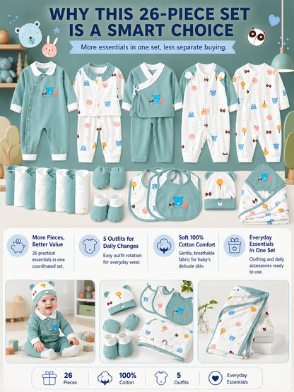 Baby Boy Clothes + Baby Items, Newborn Daily Necessities Complete Set, 0-3 Months, Total 26pcs, 5 Sets Of Clothes + Hat + Bib + Hand And Foot Covers + Bibs, Baby Full Moon Spring Long Sleeve Set, Baby Romper, Local Warehouse, Baby Shower Gifts