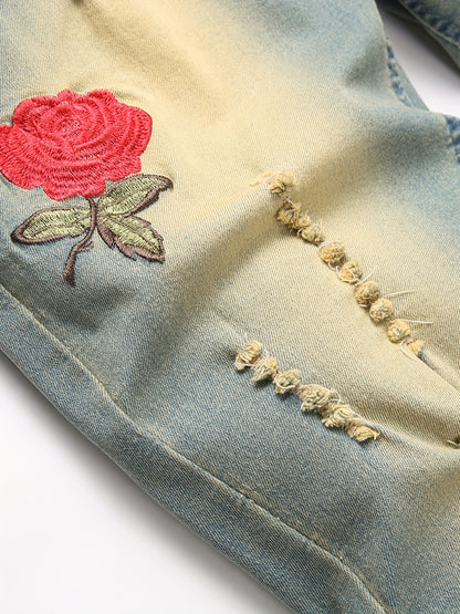 Men's Bright Yellow Denim Floral Graphic Jeans - product view 2