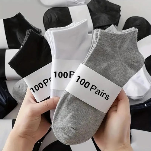 100 Pairs Unisex Short Socks | Black, White, Grey, Thin, Comfortable, Breathable, Sweat Absorbent, Hand Wash or Dry Clean, RWSEFK Brand, Sweat-Resistant