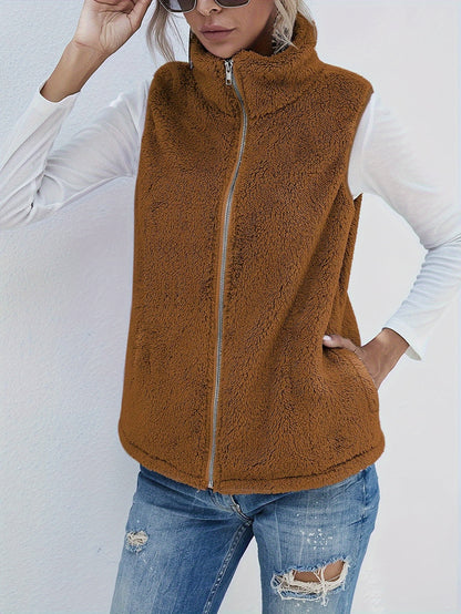 Lightweight Sleeveless Cardigan with a Zipper, Featuring Double-Sided Fleece, Perfect for Autumn And Winter, Complete with Pockets