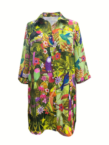 Plus Size Plant Print Button Front Loose Dress, Casual Collared Long Sleeve Dress For Spring & Fall, Women'S Plus Size Clothing