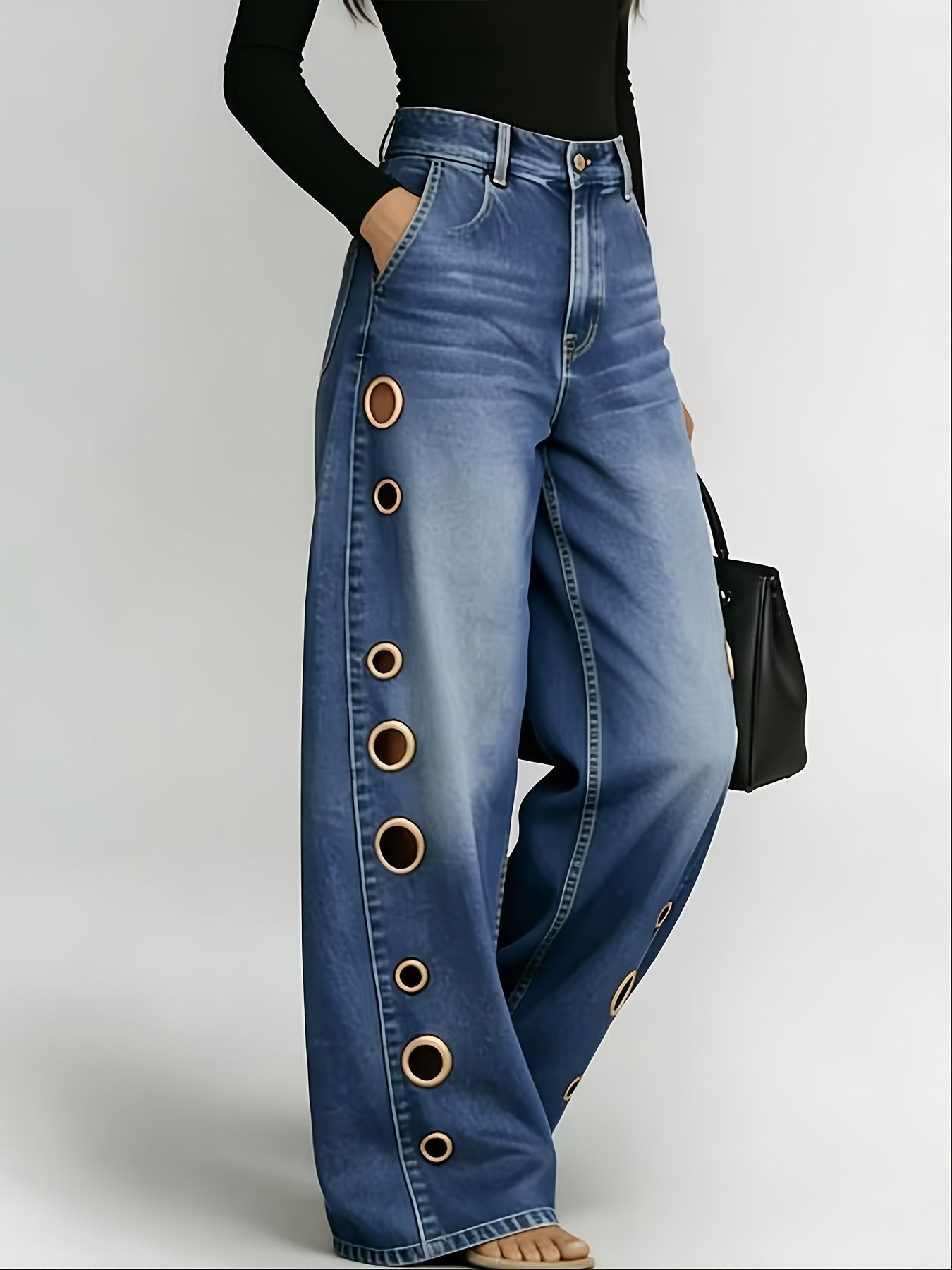 [Retro Denim Jeans] New Retro Style Denim Jeans for Women, With Metal Eyelets Designed for Casual And Loose Fit, High Waisted And Wide Leg Jeans, Street Cool Women's Clothing, Black Retro Blue Light Blue Women's Straight Leg Denim Pants