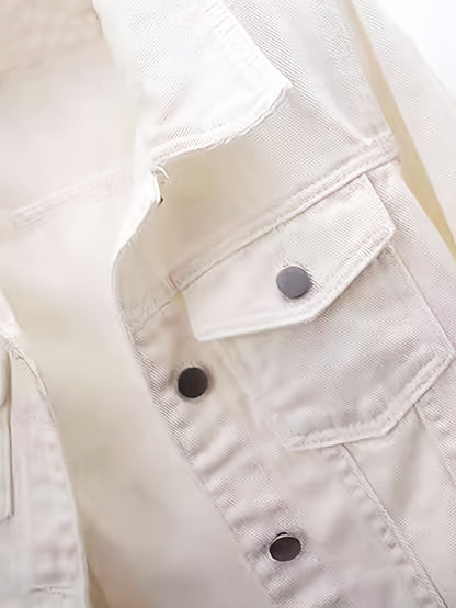 Ladies' Short Denim Jacket with a Slim Fit, Featuring 3/4 Sleeves And a Distressed Look