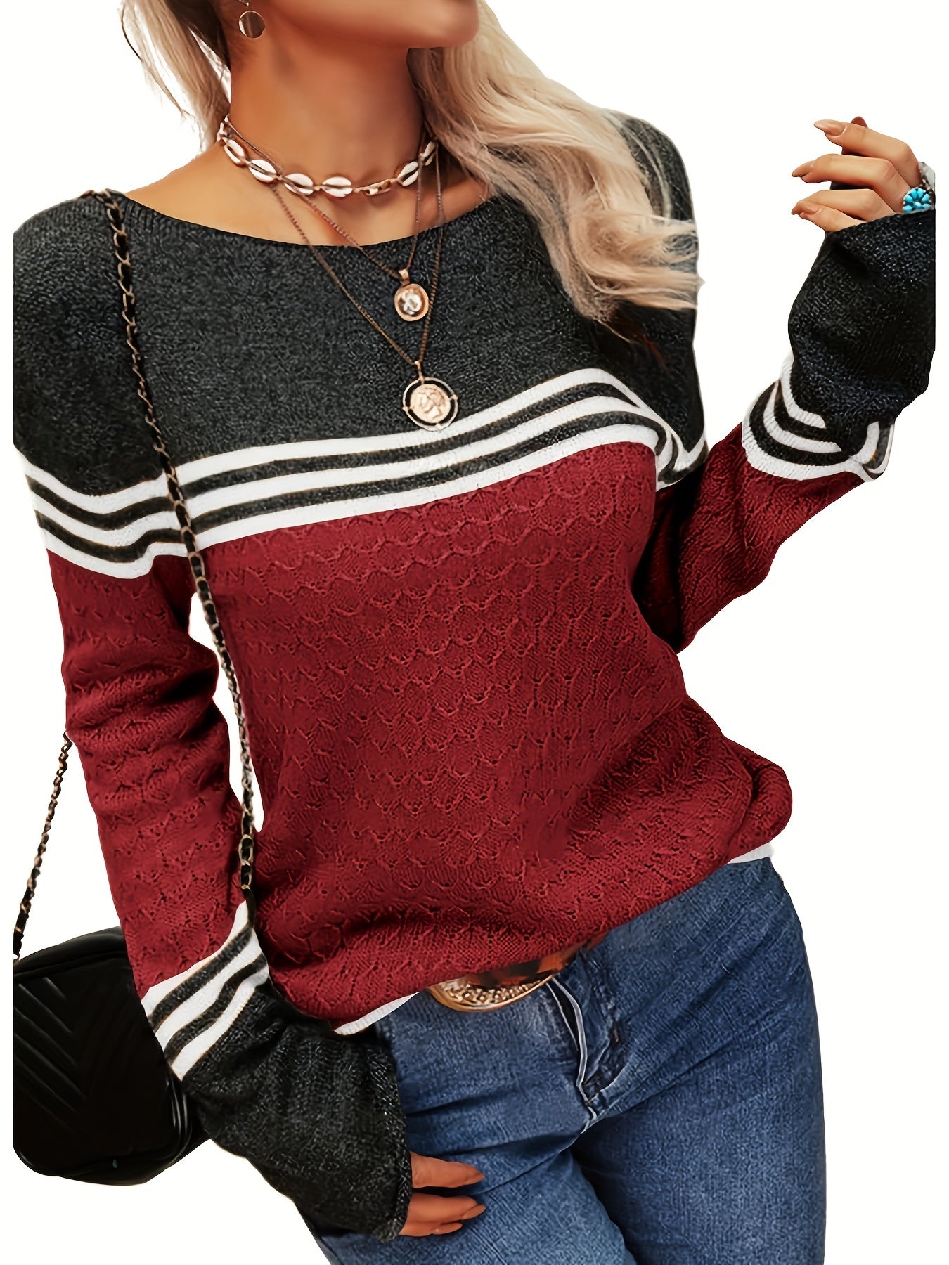 Women Autumn Winter Colorblock Pullover Sweaters Round Neck Striped Slim Fitting Knitwear Tops