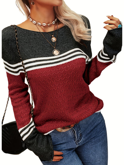 Women Autumn Winter Colorblock Pullover Sweaters Round Neck Striped Slim Fitting Knitwear Tops