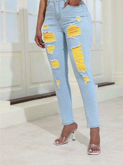 Women Distressed Jeans Women`S Waist Stretch Denim Pants Color Ripped Yellow Detail Skinny Jean for Women