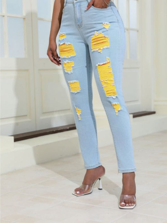 Women Distressed Jeans Women`S Waist Stretch Denim Pants Color Ripped Yellow Detail Skinny Jean for Women