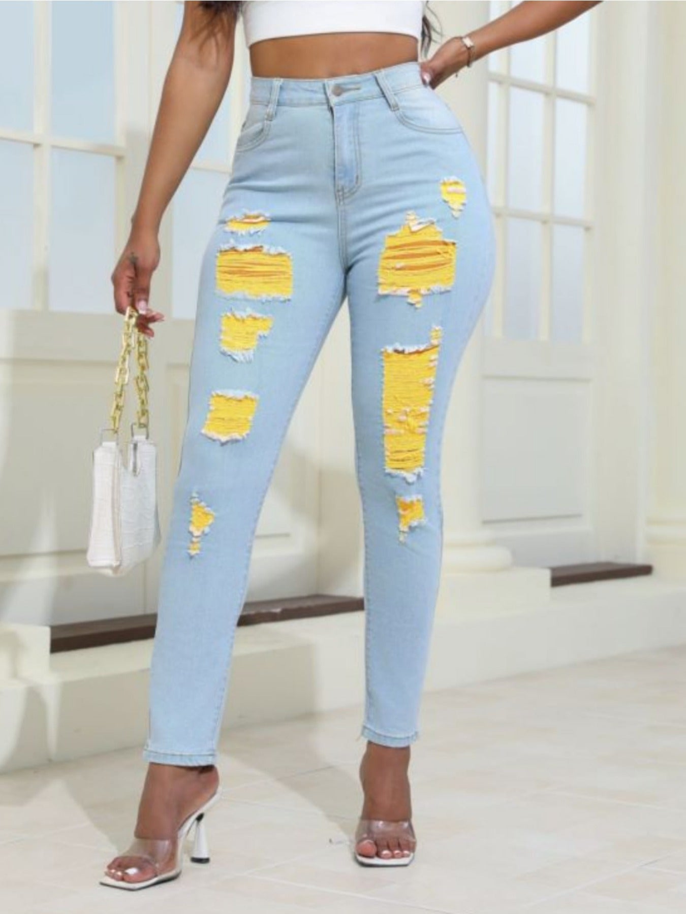 Women Distressed Jeans Women`S Waist Stretch Denim Pants Color Ripped Yellow Detail Skinny Jean for Women