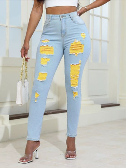 Women Distressed Jeans Women`S Waist Stretch Denim Pants Color Ripped Yellow Detail Skinny Jean for Women