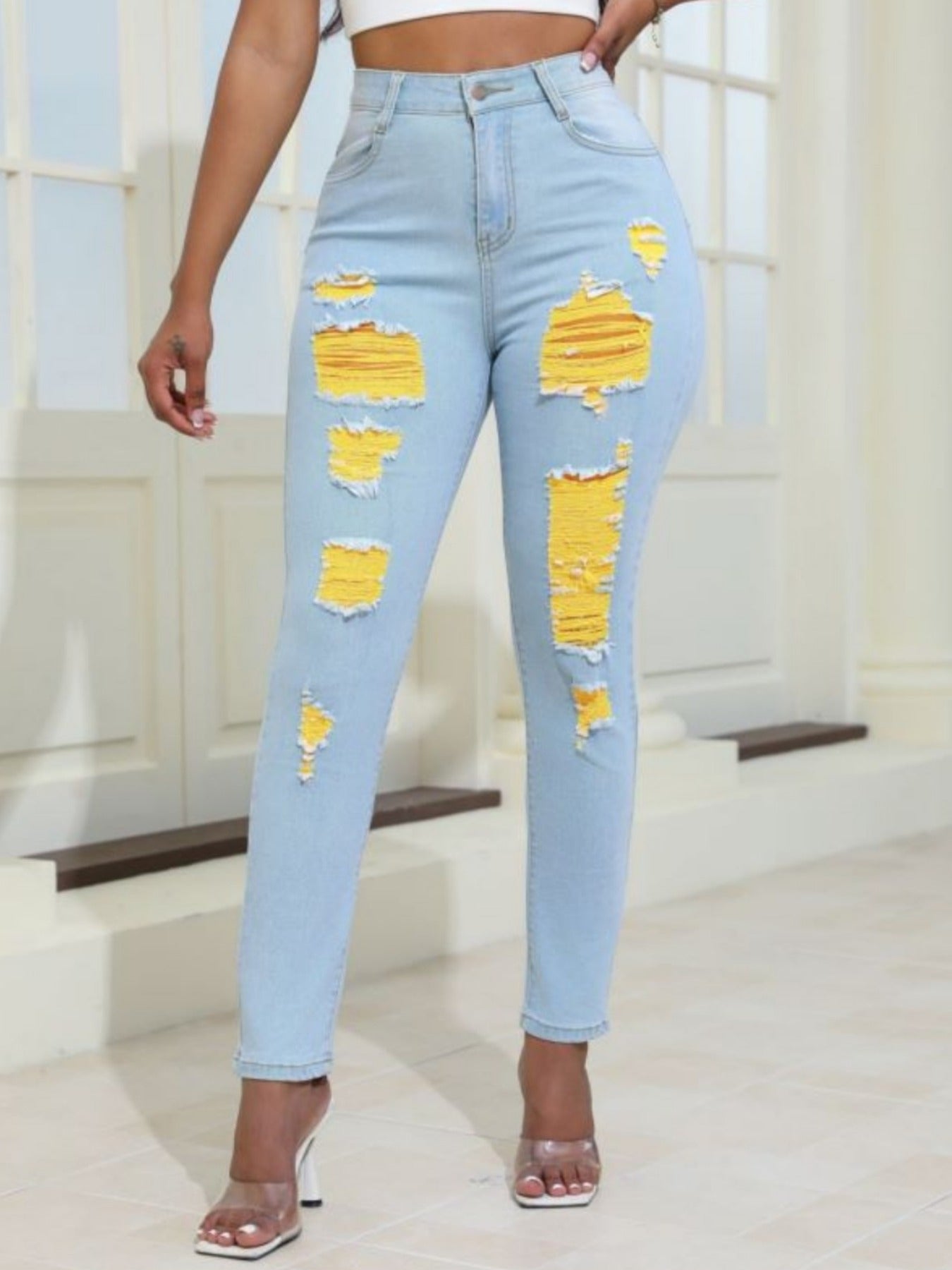 Women Distressed Jeans Women`S Waist Stretch Denim Pants Color Ripped Yellow Detail Skinny Jean for Women