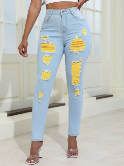 Women Distressed Jeans Women`S Waist Stretch Denim Pants Color Ripped Yellow Detail Skinny Jean for Women