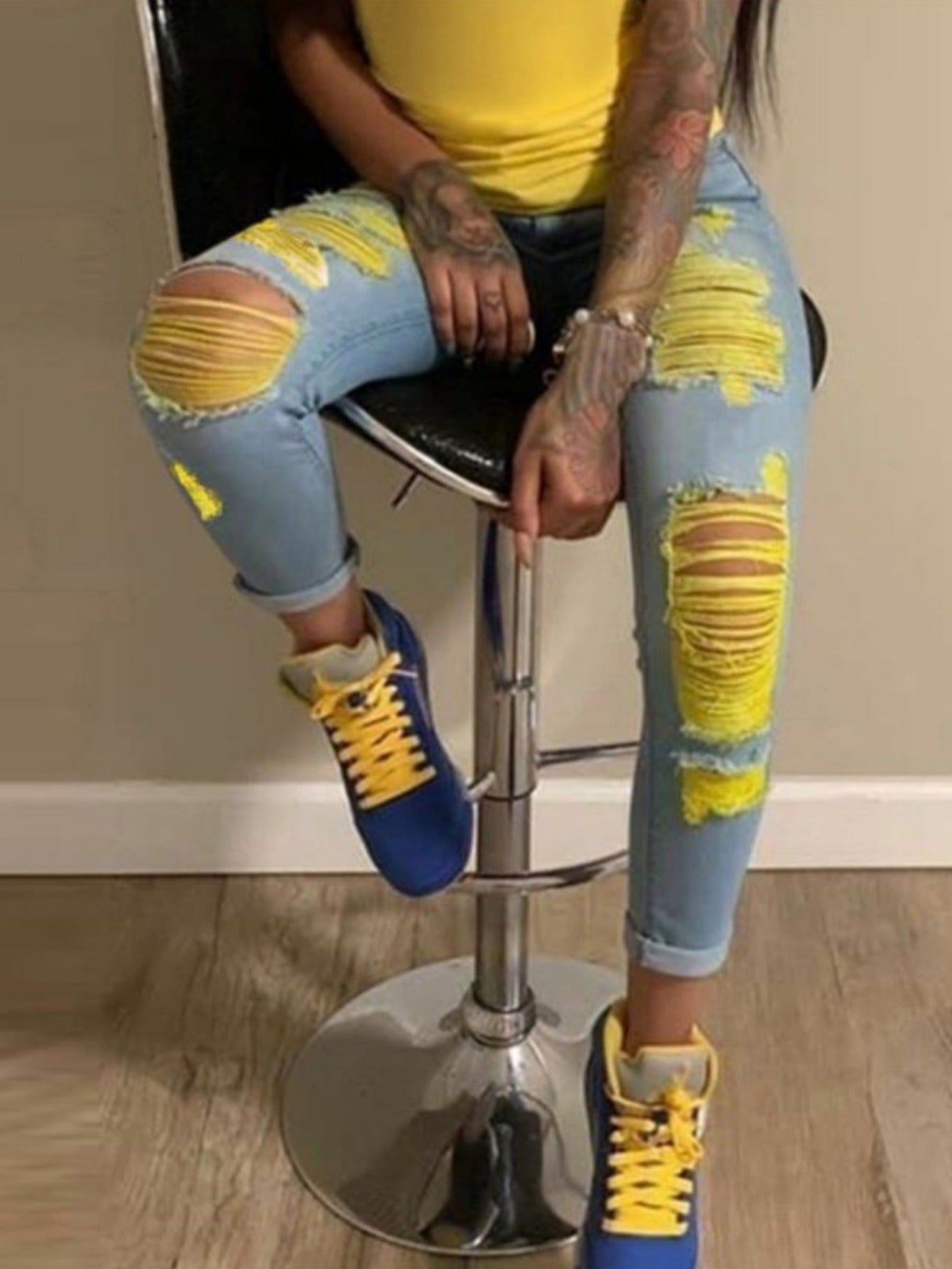 Women Distressed Jeans Women`S Waist Stretch Denim Pants Color Ripped Yellow Detail Skinny Jean for Women