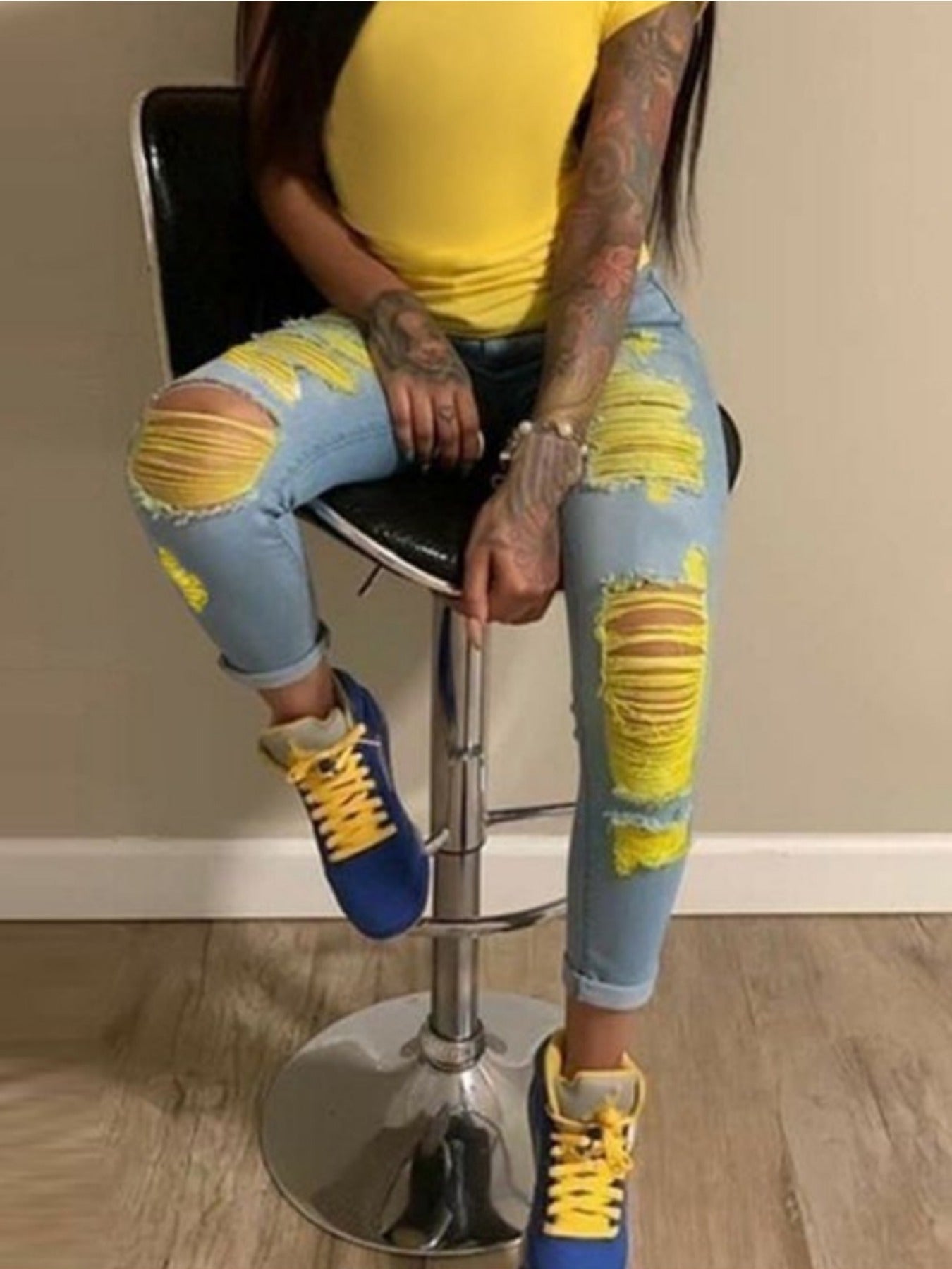 Women Distressed Jeans Women`S Waist Stretch Denim Pants Color Ripped Yellow Detail Skinny Jean for Women