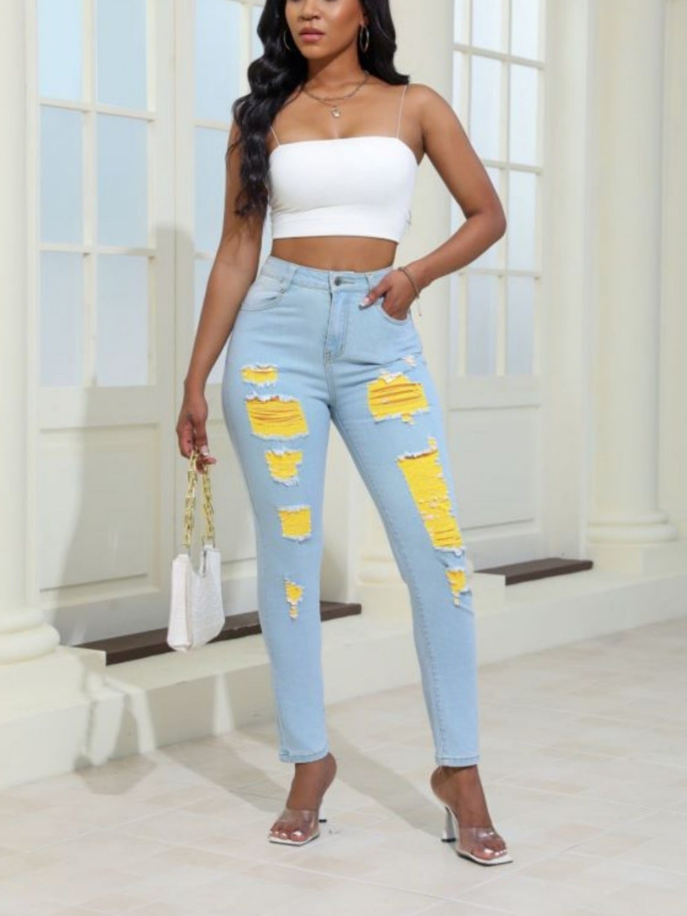 Women Distressed Jeans Women`S Waist Stretch Denim Pants Color Ripped Yellow Detail Skinny Jean for Women