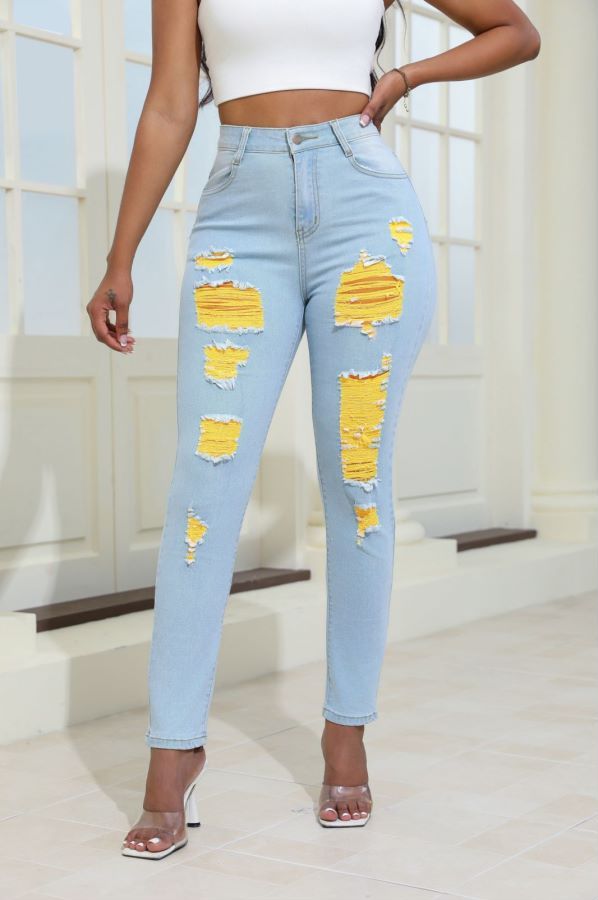 Women Distressed Jeans Women`S Waist Stretch Denim Pants Color Ripped Yellow Detail Skinny Jean for Women