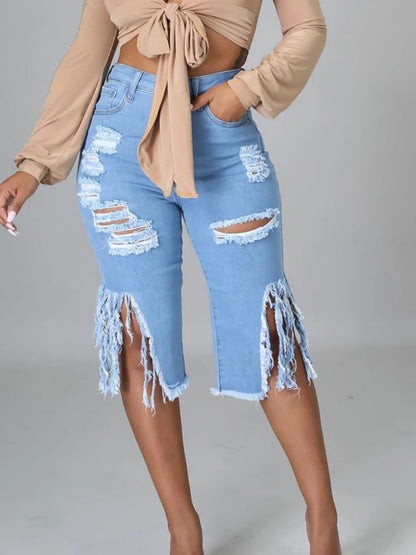 Women'S Trendy Distressed Denim Shorts with Fringe Hem