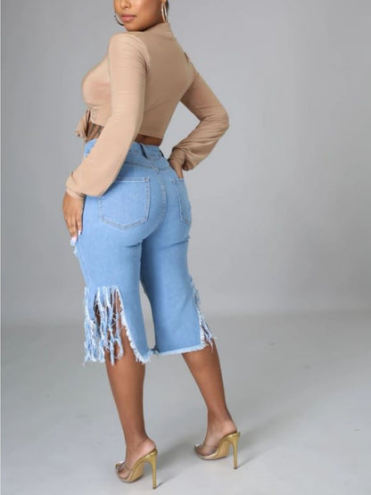 Women'S Trendy Distressed Denim Shorts with Fringe Hem