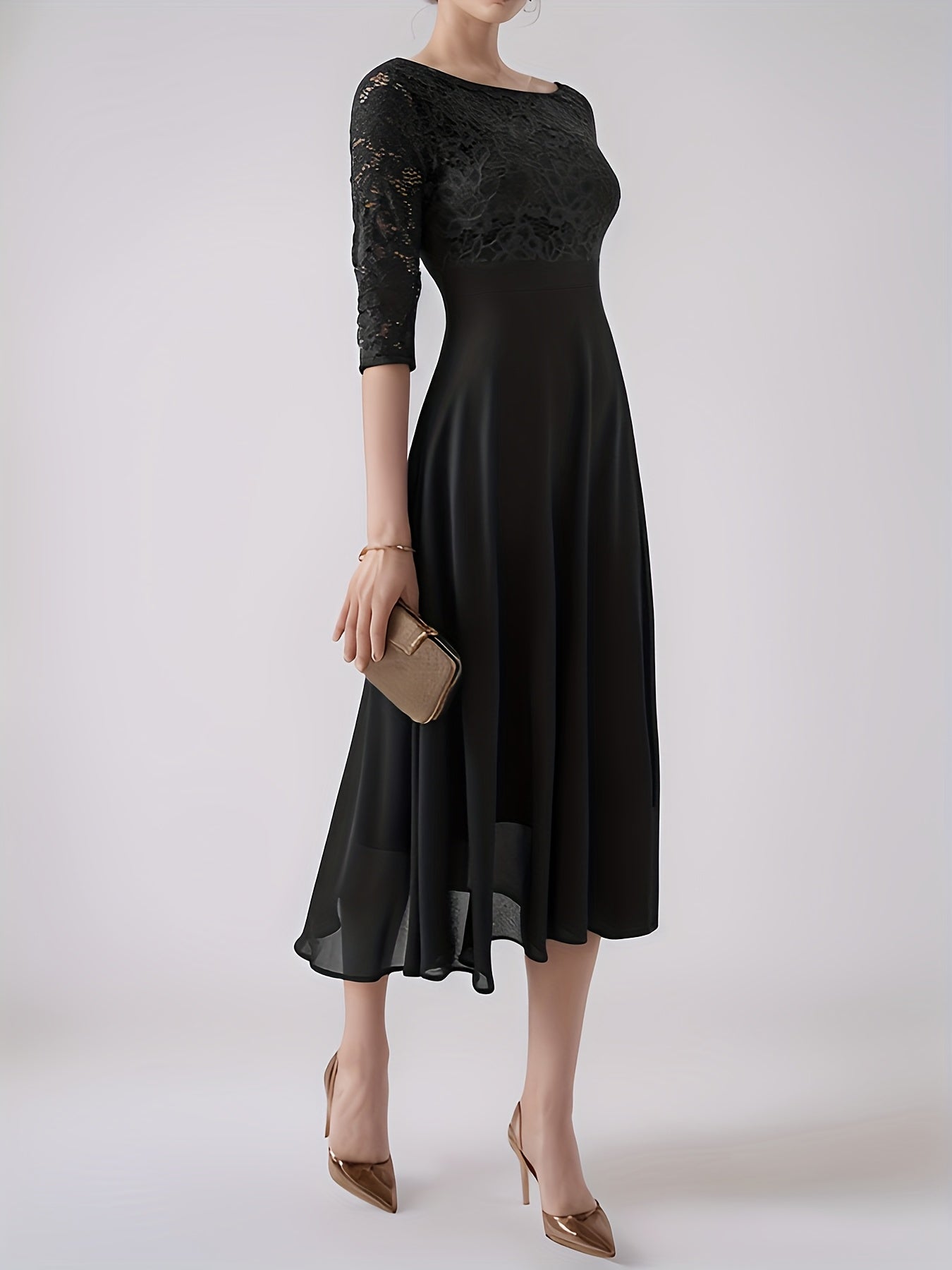 Elegant Navy Blue Lace-Trimmed Chiffon Evening Gown with Short Sleeves And Flowing Skirt, Perfect for Formal Events And Parties, Formal Evening Gown