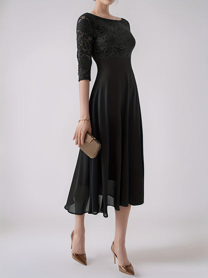 Elegant Navy Blue Lace-Trimmed Chiffon Evening Gown with Short Sleeves And Flowing Skirt, Perfect for Formal Events And Parties, Formal Evening Gown