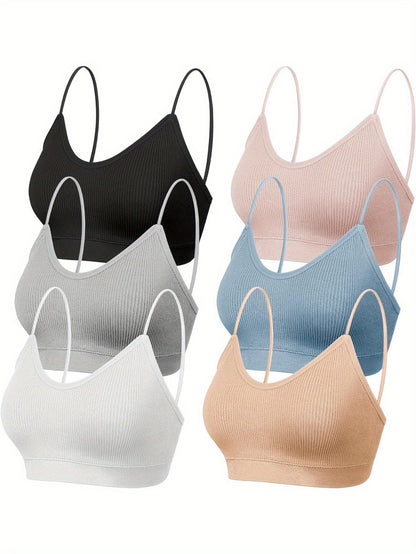 6pcs V Neck Padded Sprot Bra for Women Pack, Cami Bando Bra Sleeping Bra with Elastic Straps for Women