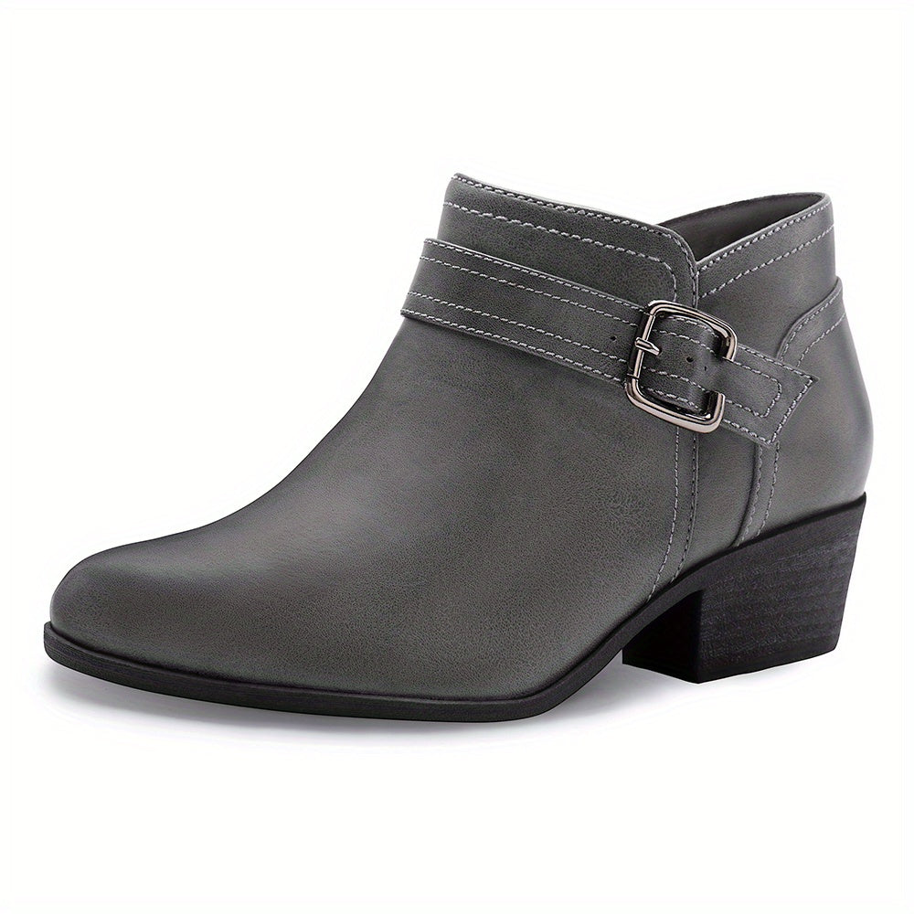 Women's Chunky Low Heel Ankle Boots, Classic Solid Color Buckle Strap & Side Zipper Booties, Women Shoes