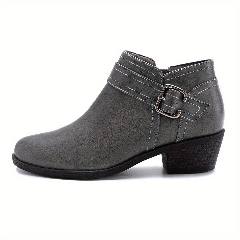 Women's Chunky Low Heel Ankle Boots, Classic Solid Color Buckle Strap & Side Zipper Booties, Women Shoes