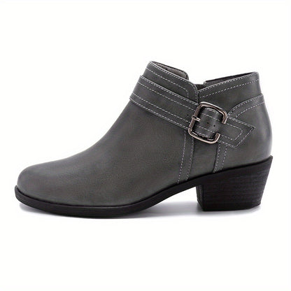 Women's Chunky Low Heel Ankle Boots, Classic Solid Color Buckle Strap & Side Zipper Booties, Women Shoes