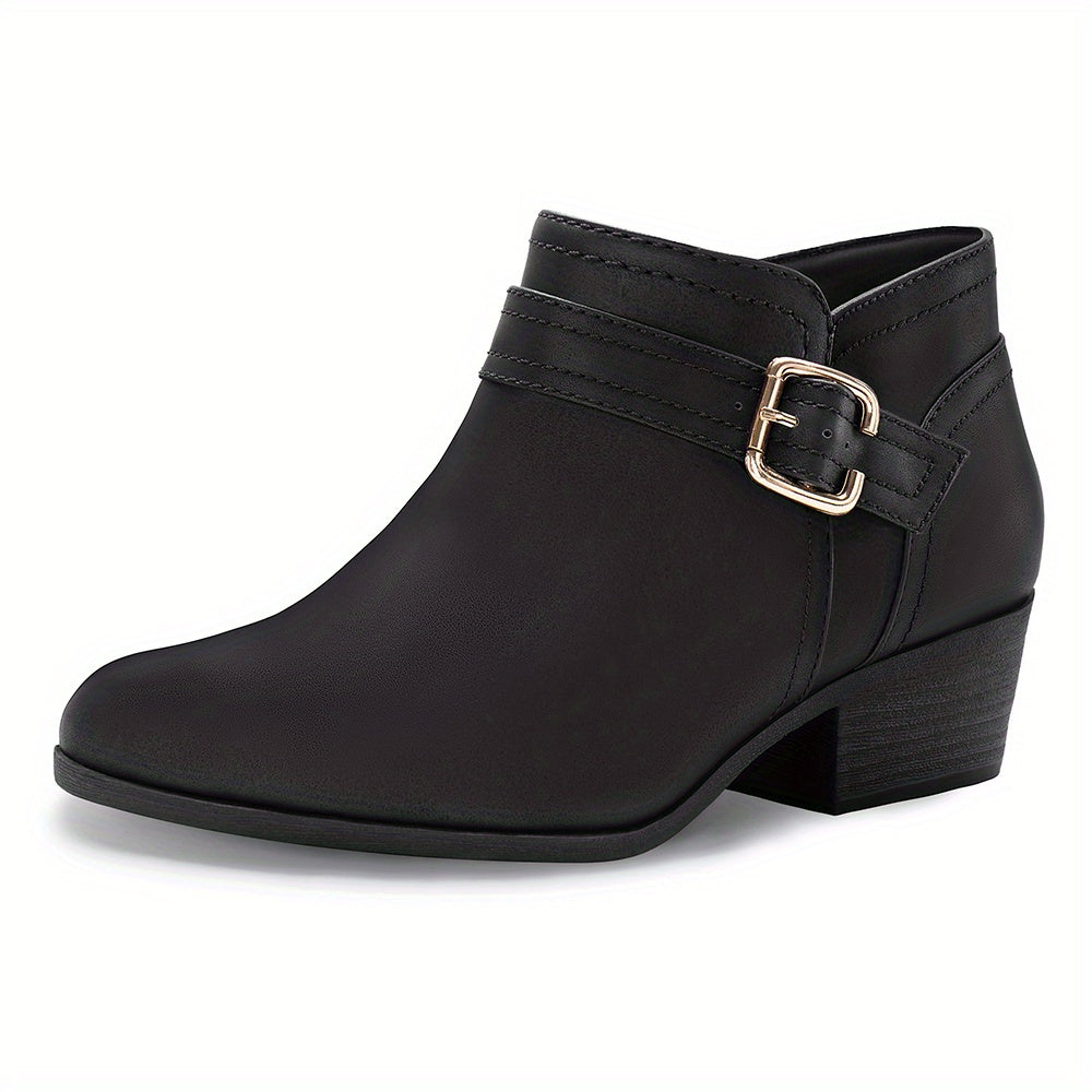 Women's Chunky Low Heel Ankle Boots, Classic Solid Color Buckle Strap & Side Zipper Booties, Women Shoes