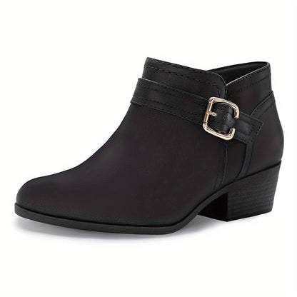 Women's Chunky Low Heel Ankle Boots, Classic Solid Color Buckle Strap & Side Zipper Booties, Women Shoes