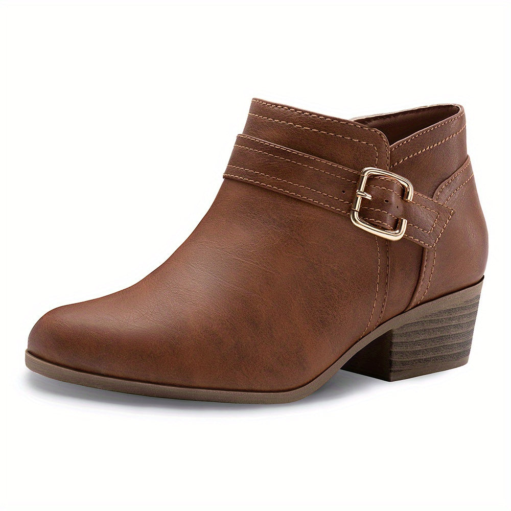 Women's Chunky Low Heel Ankle Boots, Classic Solid Color Buckle Strap & Side Zipper Booties, Women Shoes