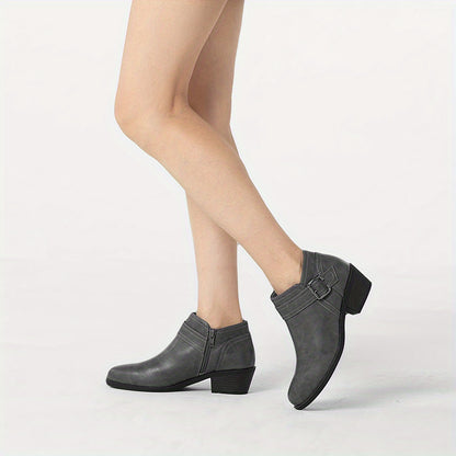 Women's Chunky Low Heel Ankle Boots, Classic Solid Color Buckle Strap & Side Zipper Booties, Women Shoes