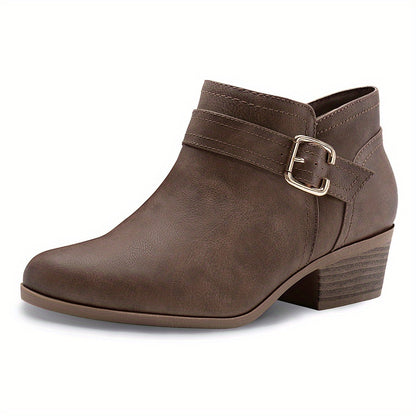 Women's Chunky Low Heel Ankle Boots, Classic Solid Color Buckle Strap & Side Zipper Booties, Women Shoes