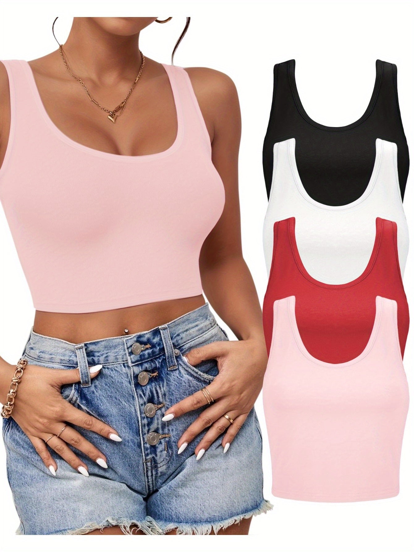 Set of 3-4 Women'S Tank Tops, Featuring a U-Neck Design, Sleeveless Style, And Cropped Racerback, Perfect for And Casual Outings