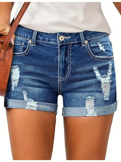 Distressed Denim Shorts for Women with a High Waist And Rolled Hems