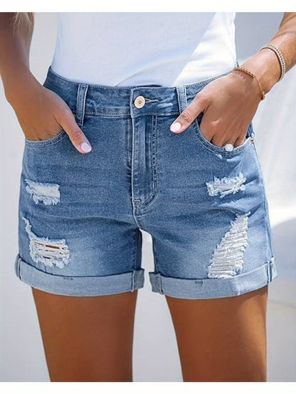 Distressed Denim Shorts for Women with a High Waist And Rolled Hems