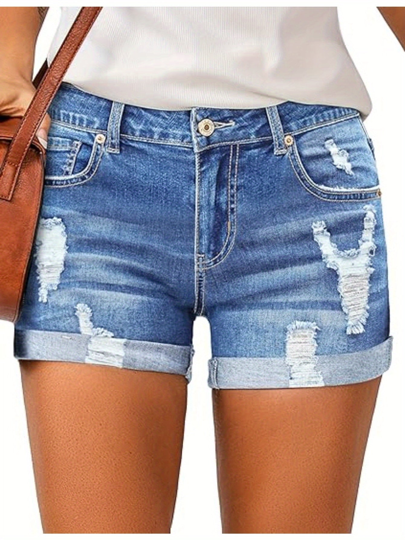 Distressed Denim Shorts for Women with a High Waist And Rolled Hems