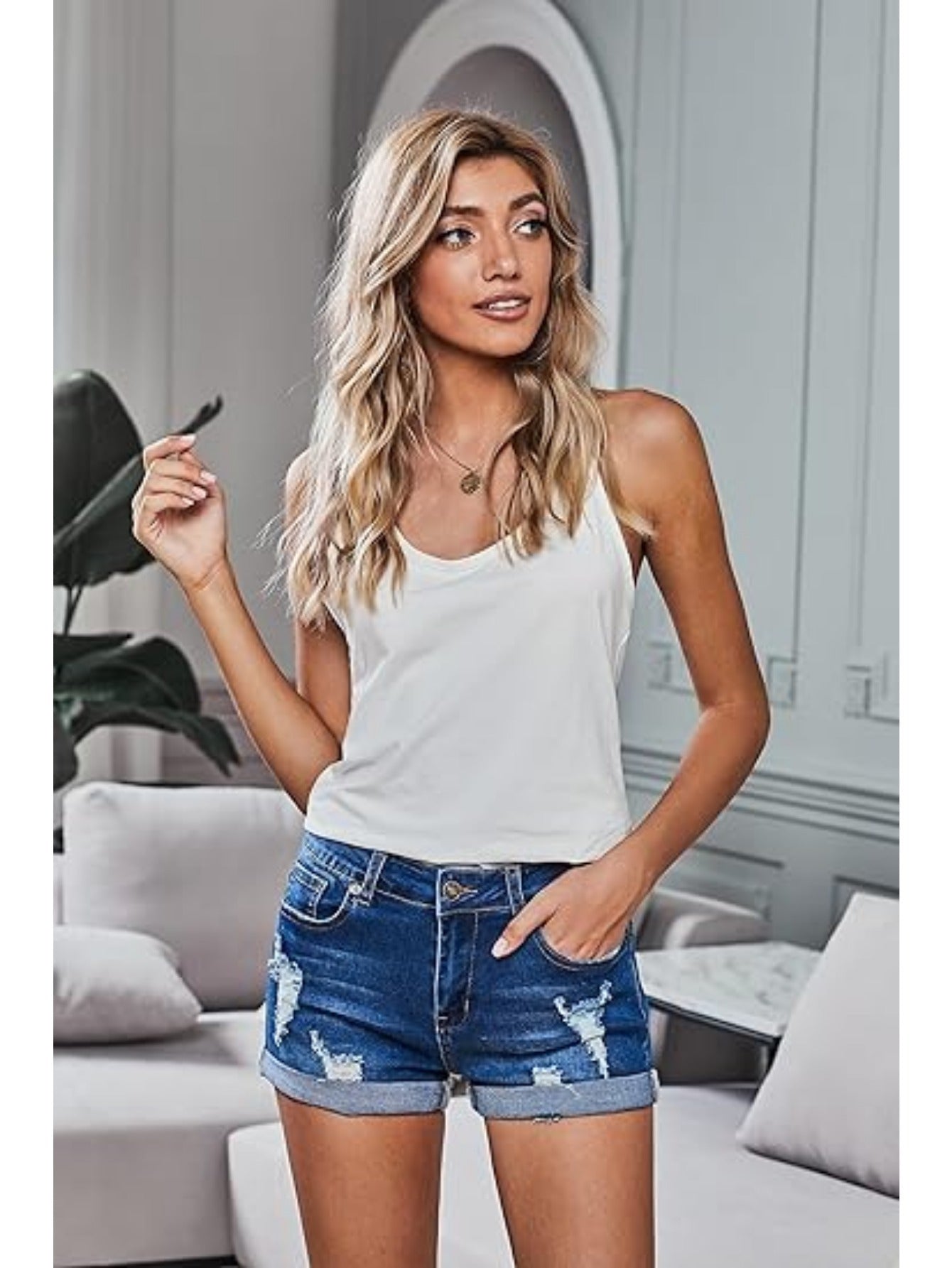 Distressed Denim Shorts for Women with a High Waist And Rolled Hems