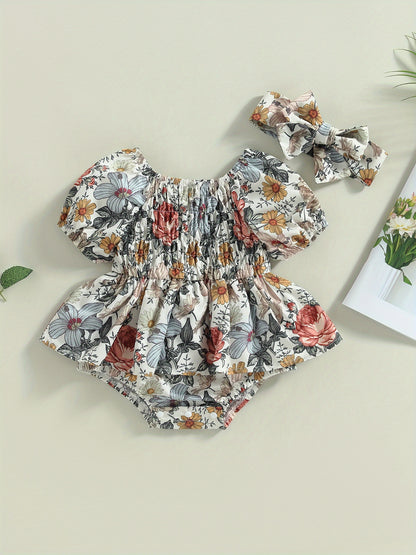 Infant Baby Girls' Floral Print Romper Dress with Puff Sleeves & Matching Headband - Soft Short Skirt Hem All-Season Cute Outfit for Photoshoots, Family Gatherings, Baby Girl Dress, Photoshoot Outfits, Lightweight Jumpsuit, Toddler Fashion, Perfect for Ou