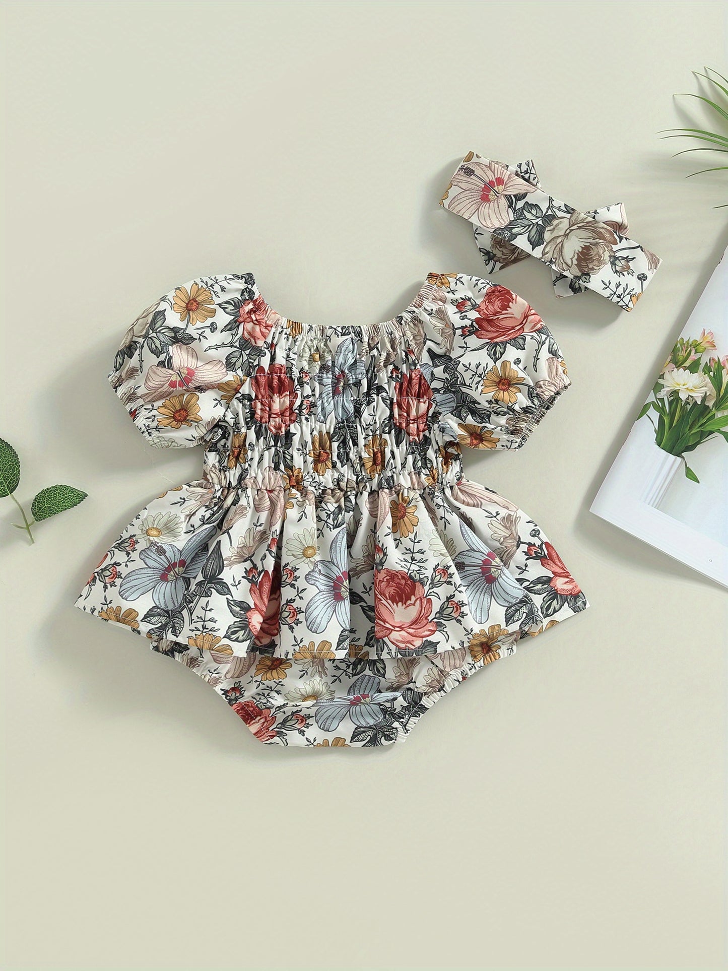 Infant Baby Girls' Floral Print Romper Dress with Puff Sleeves & Matching Headband - Soft Short Skirt Hem All-Season Cute Outfit for Photoshoots, Family Gatherings, Baby Girl Dress, Photoshoot Outfits, Lightweight Jumpsuit, Toddler Fashion, Perfect for Ou