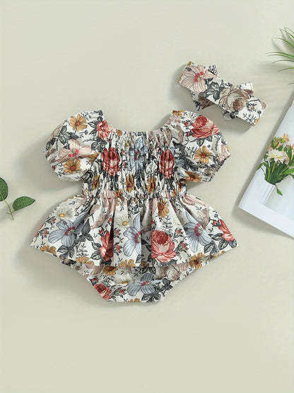 Infant Baby Girls' Floral Print Romper Dress with Puff Sleeves & Matching Headband - Soft Short Skirt Hem All-Season Cute Outfit for Photoshoots, Family Gatherings, Baby Girl Dress, Photoshoot Outfits, Lightweight Jumpsuit, Toddler Fashion, Perfect for Ou