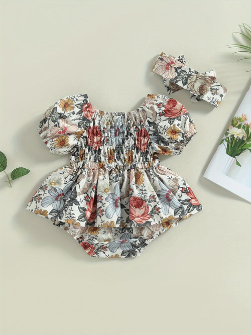 Infant Baby Girls' Floral Print Romper Dress with Puff Sleeves & Matching Headband - Soft Short Skirt Hem All-Season Cute Outfit for Photoshoots, Family Gatherings, Baby Girl Dress, Photoshoot Outfits, Lightweight Jumpsuit, Toddler Fashion, Perfect for Ou