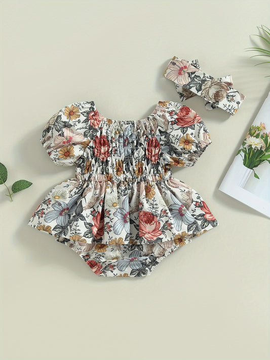 Infant Baby Girls' Floral Print Romper Dress with Puff Sleeves & Matching Headband - Soft Short Skirt Hem All-Season Cute Outfit for Photoshoots, Family Gatherings, Baby Girl Dress, Photoshoot Outfits, Lightweight Jumpsuit, Toddler Fashion, Perfect for Ou