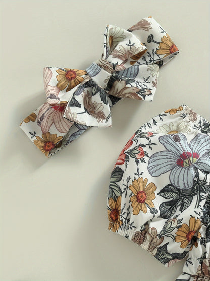 Infant Baby Girls' Floral Print Romper Dress with Puff Sleeves & Matching Headband - Soft Short Skirt Hem All-Season Cute Outfit for Photoshoots, Family Gatherings, Baby Girl Dress, Photoshoot Outfits, Lightweight Jumpsuit, Toddler Fashion, Perfect for Ou