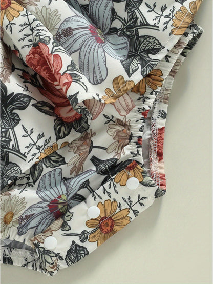 Infant Baby Girls' Floral Print Romper Dress with Puff Sleeves & Matching Headband - Soft Short Skirt Hem All-Season Cute Outfit for Photoshoots, Family Gatherings, Baby Girl Dress, Photoshoot Outfits, Lightweight Jumpsuit, Toddler Fashion, Perfect for Ou